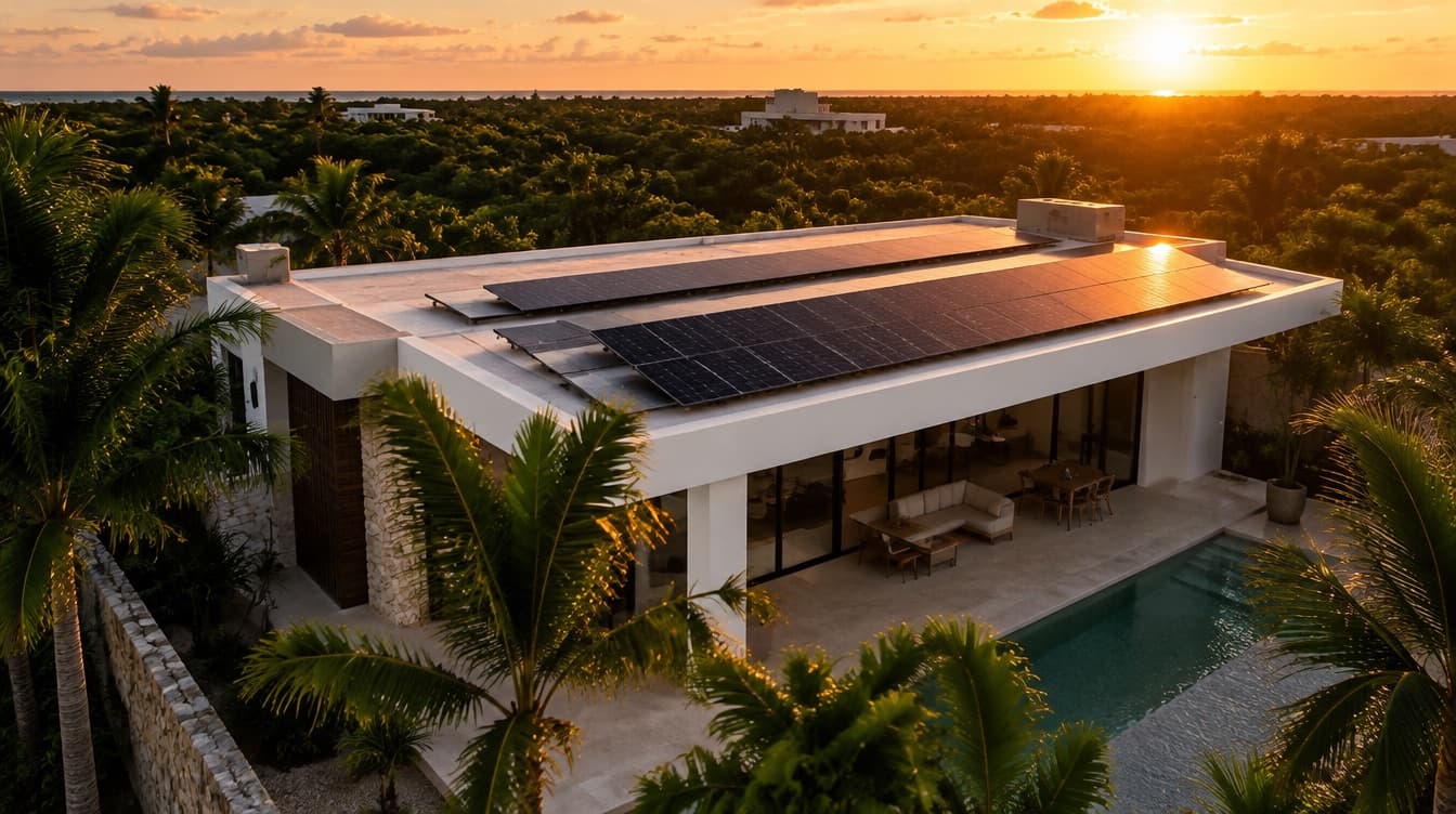 Casa en Yucatán con paneles solares al atardecer